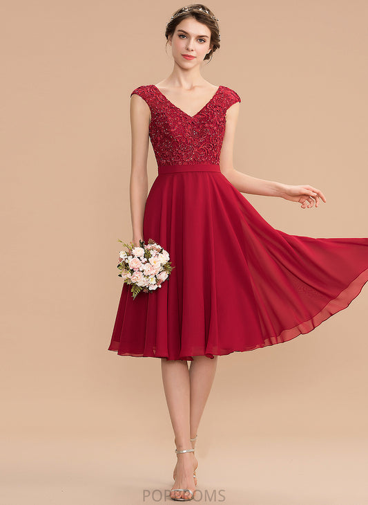 A-Line With Charity Lace Beading Knee-Length V-neck Chiffon Prom Dresses