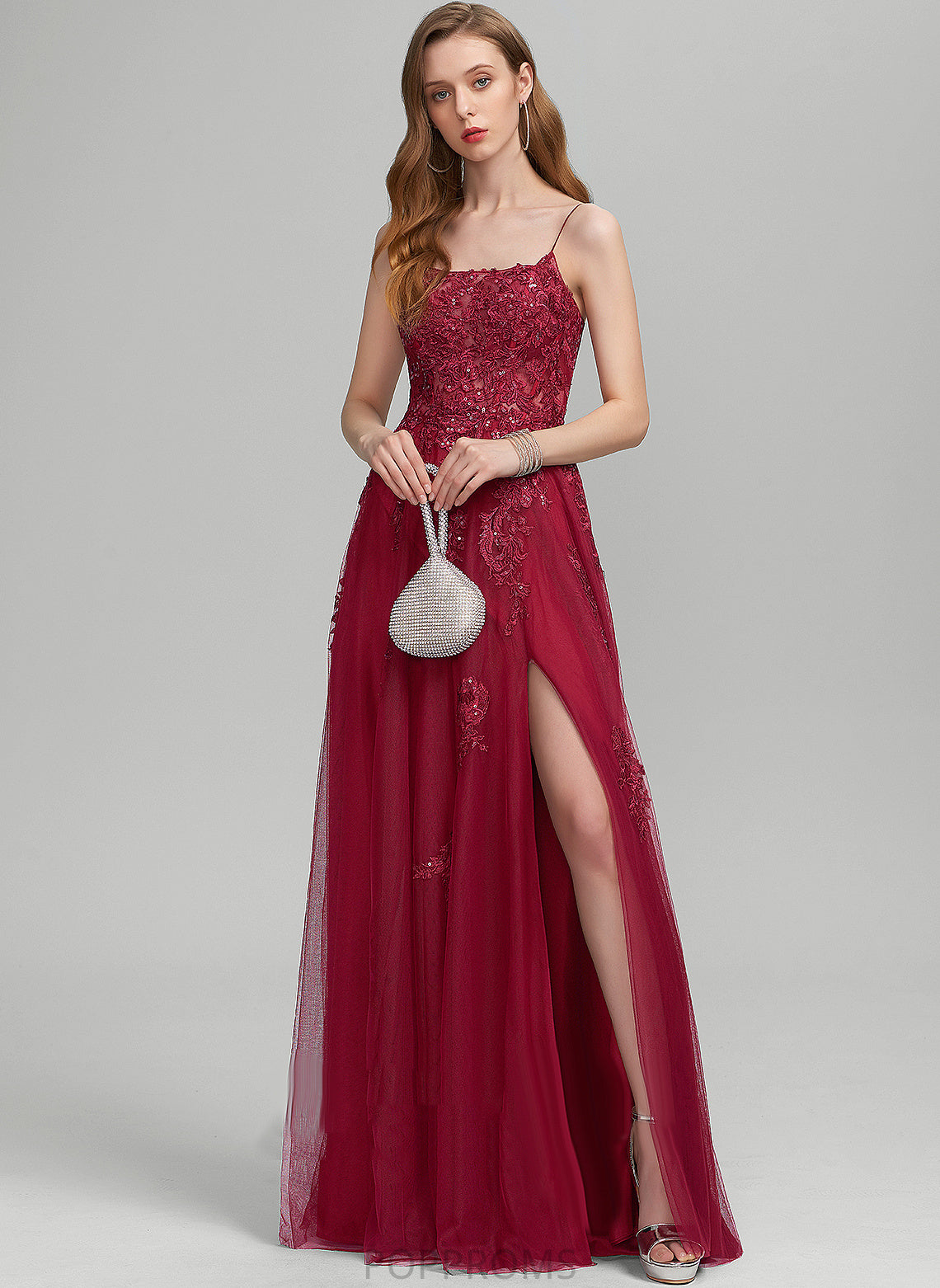 Prom Dresses Square Floor-Length With Lace Tulle Sequins A-Line Cristal