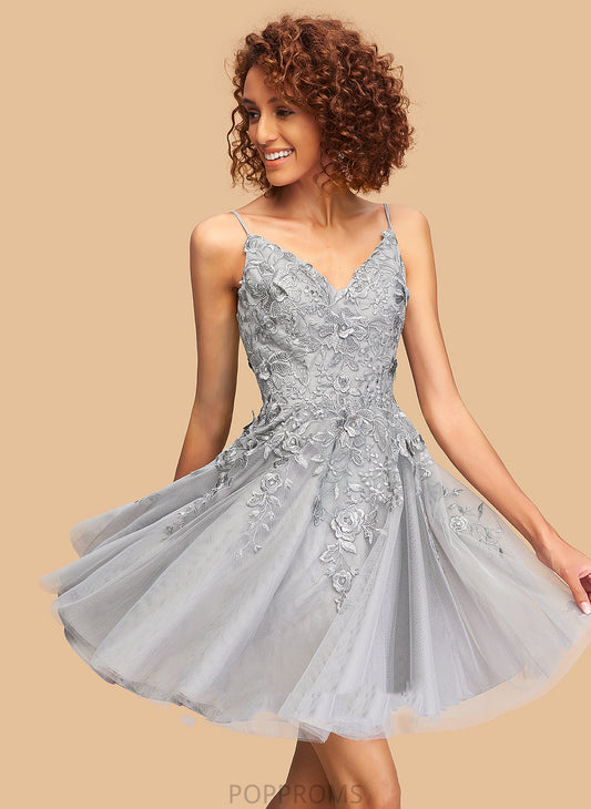 A-Line Short/Mini Dress V-neck Tulle Adelyn Homecoming Homecoming Dresses With Lace