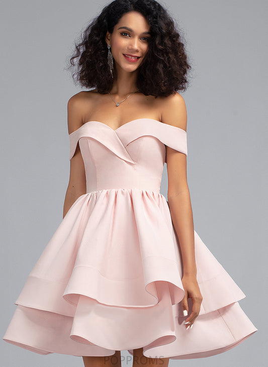 Off-the-Shoulder Cascading Crepe Short/Mini Evie With Homecoming Stretch Dress A-Line Ruffles Homecoming Dresses