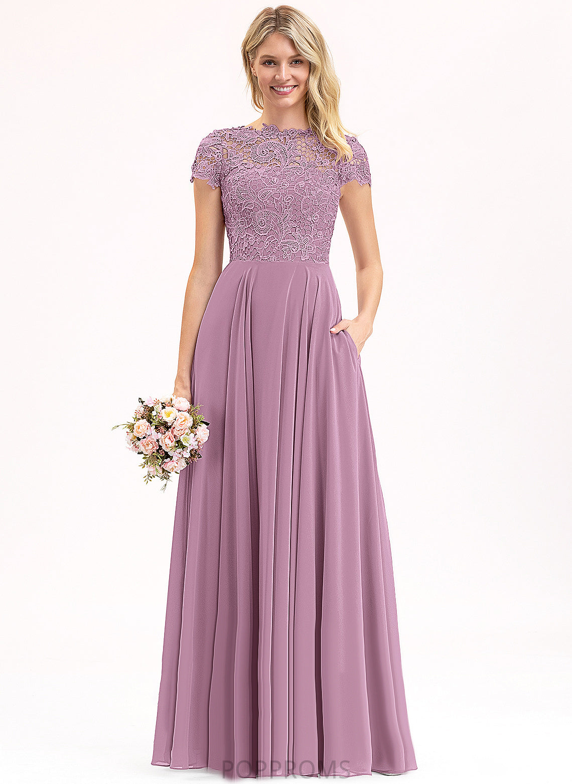 Lace Floor-Length Chiffon Scoop Itzel Prom Dresses A-Line