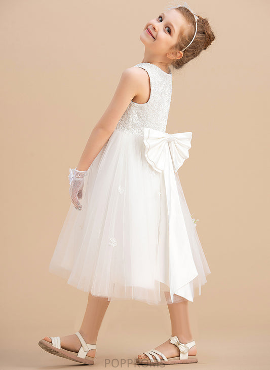 Girl Scoop Tea-length Bow(s) Neck Sleeveless A-Line Eva Satin/Tulle - With Flower Flower Girl Dresses Dress