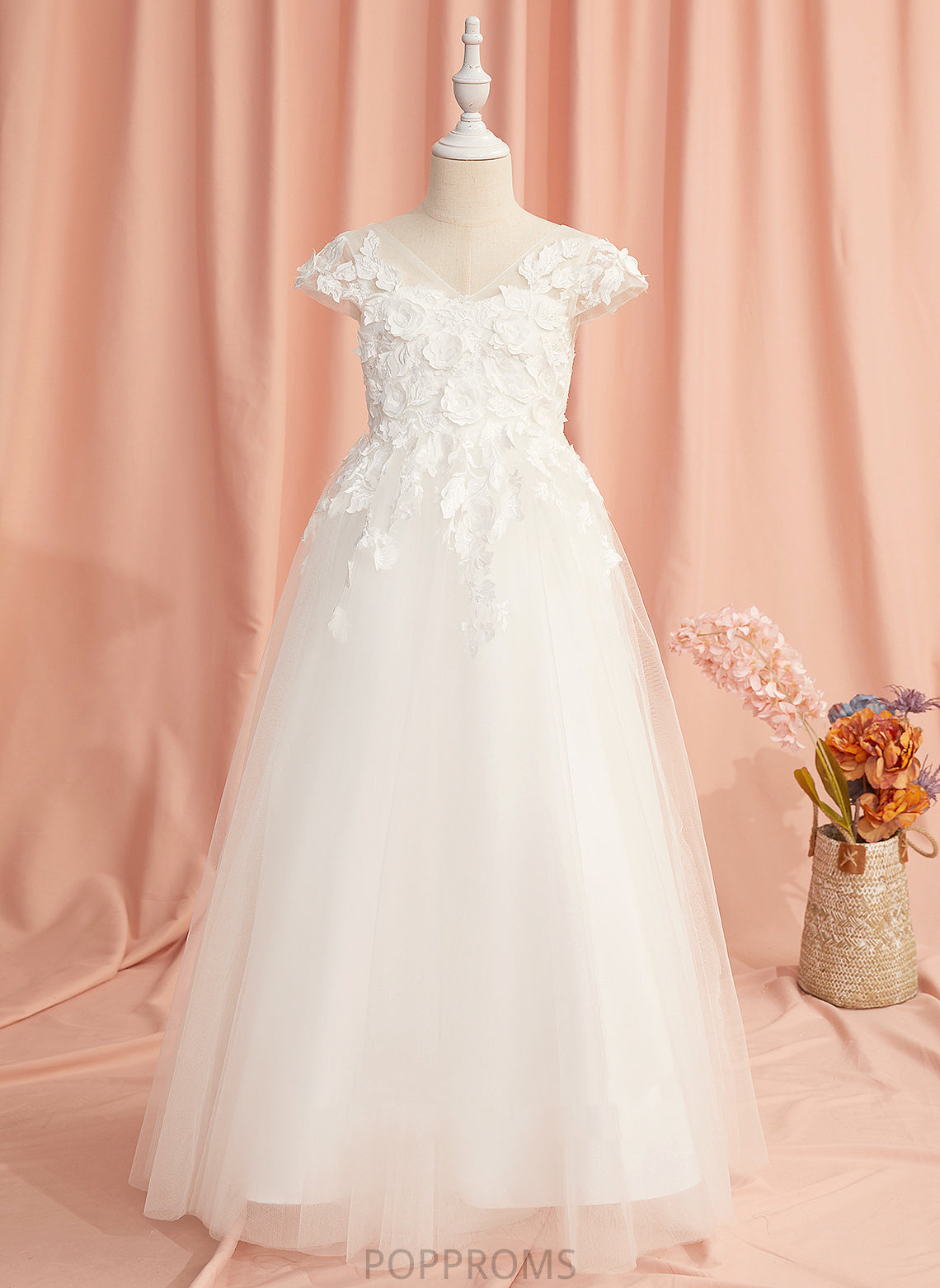 - Flower Girl Dresses Flower Floor-length Dress With Short Carly V-neck A-Line Lace/Flower(s) Tulle Girl Sleeves