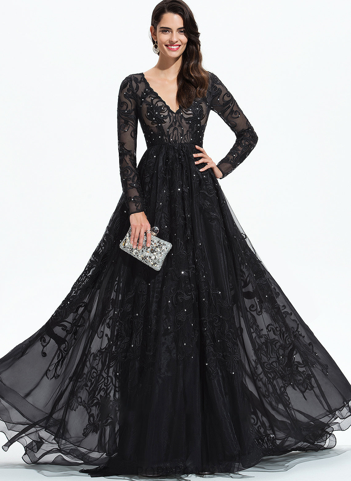 Sweep Ball-Gown/Princess Lace Tulle Sequins Prom Dresses Train V-neck Katie With