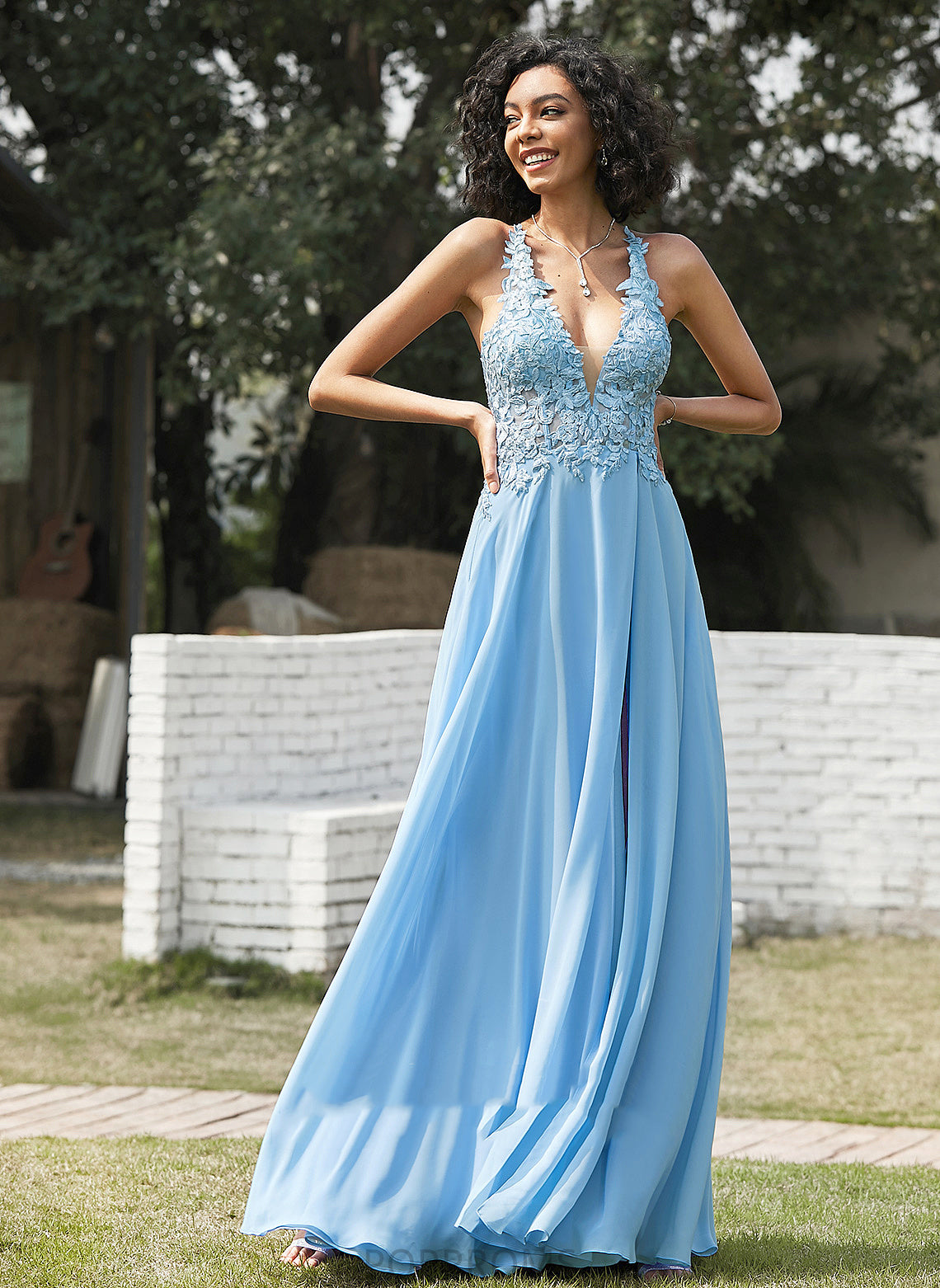 A-Line Floor-Length Adalynn V-neck Chiffon Lace Prom Dresses