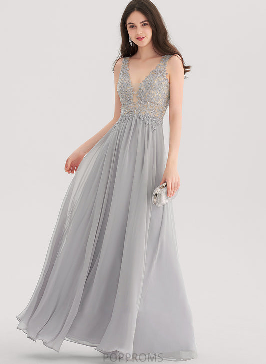 Floor-Length Beading Presley Sequins Prom Dresses With V-neck Chiffon A-Line