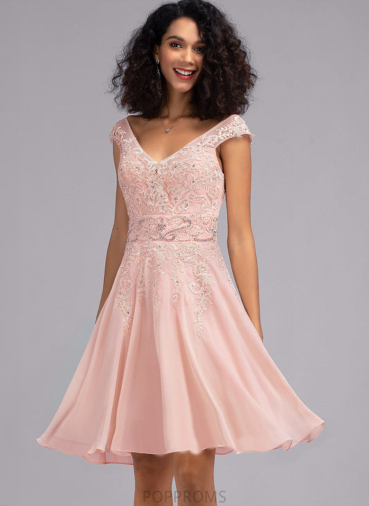 Beading Knee-Length Dress Chiffon Lace A-Line Veronica Cocktail Cocktail Dresses With V-neck Lace