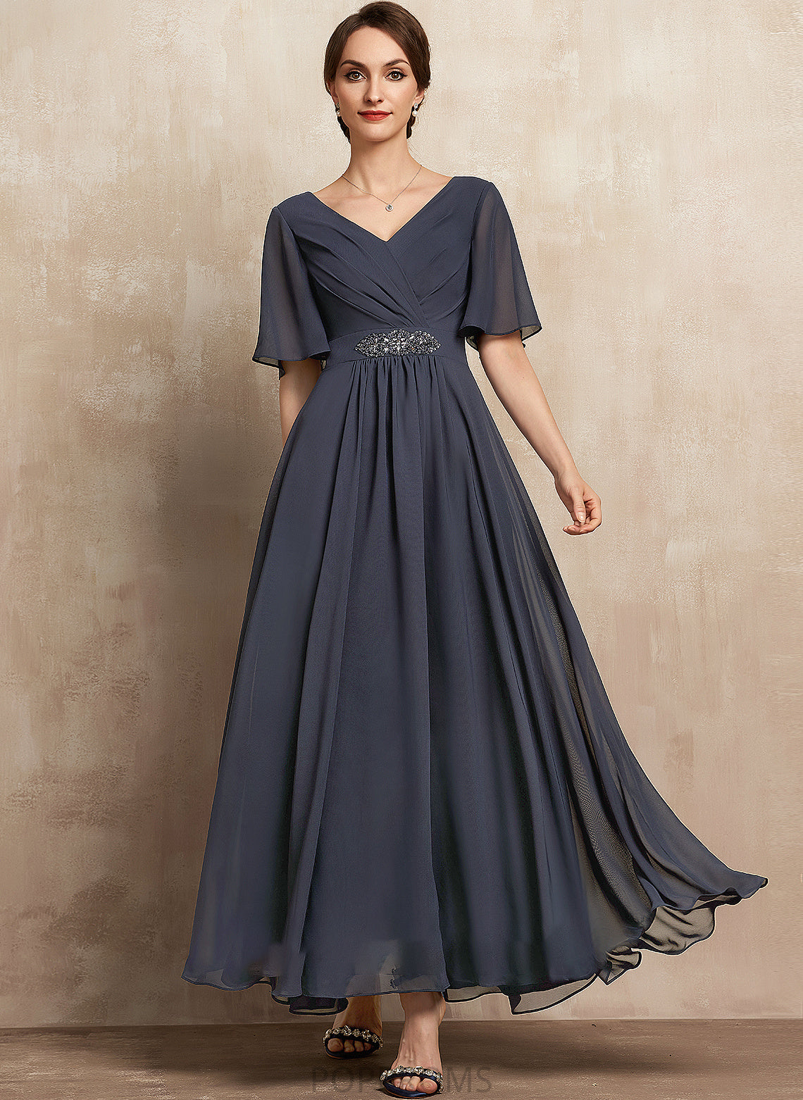 the Mother With Ankle-Length Mother of the Bride Dresses Ruffle of Dress Bride A-Line Beading Sequins Casey V-neck Chiffon