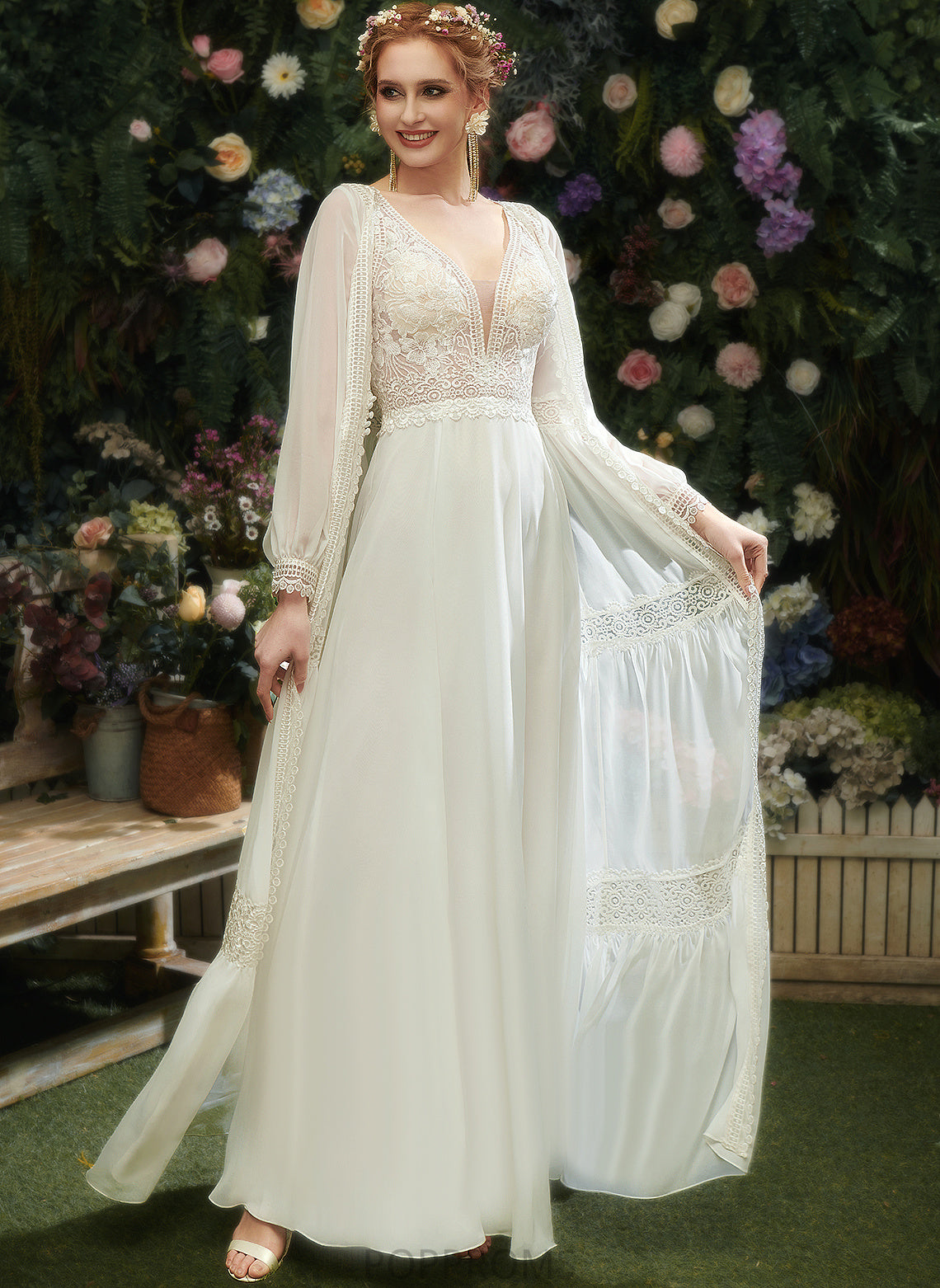 Floor-Length Dress With Sequins Wedding Liliana Lace V-neck Wedding Dresses Chiffon A-Line