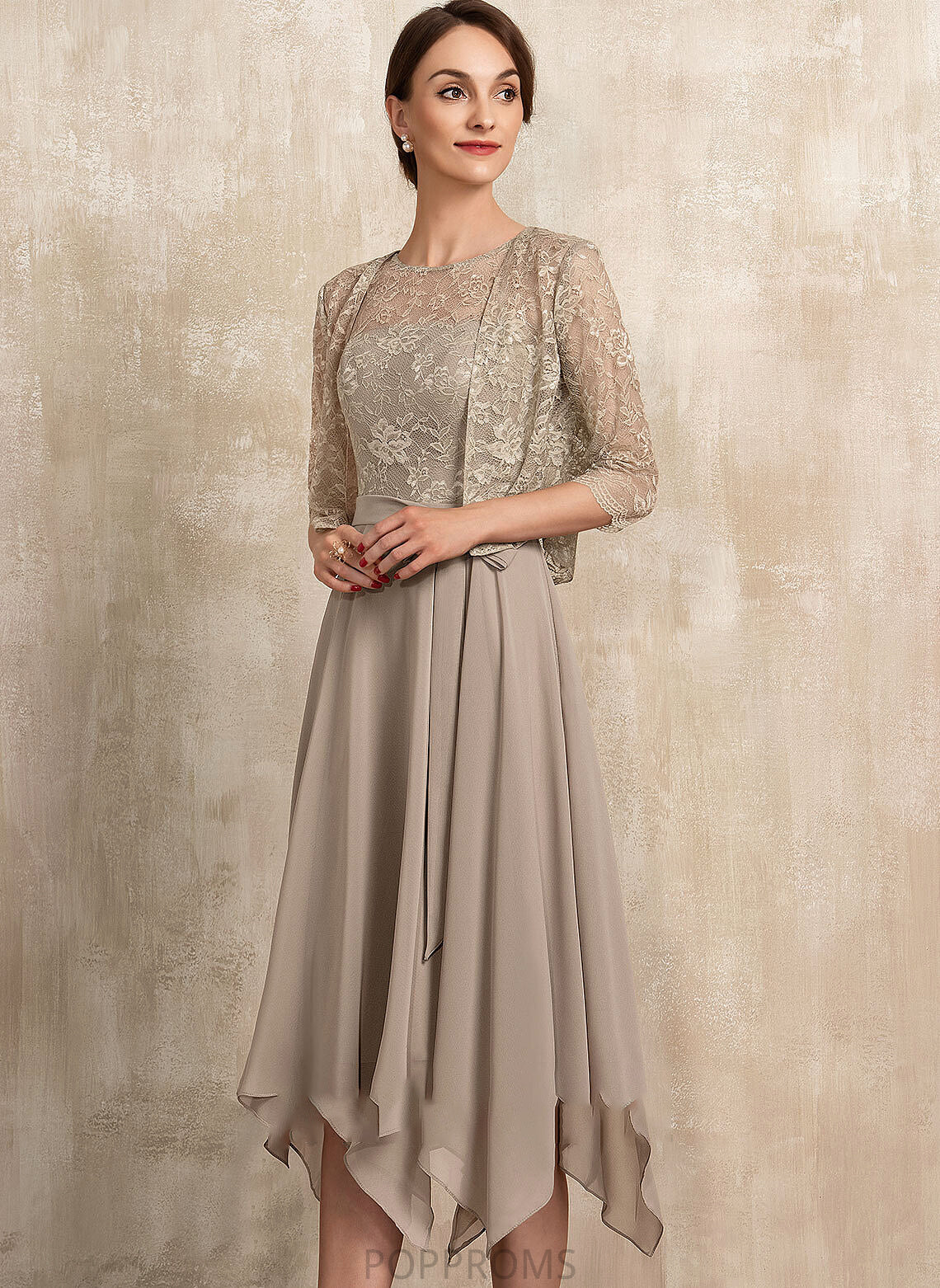 of With Mother A-Line Dress Chiffon Bride Mother of the Bride Dresses Tea-Length Sarai Bow(s) the Neck Scoop Lace