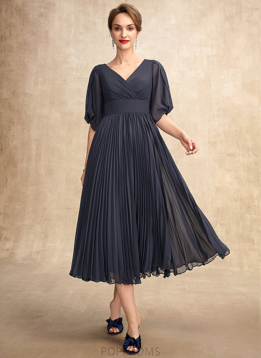 Dress Isis Bride V-neck With the A-Line Tea-Length Mother of the Bride Dresses Pleated Chiffon Mother of