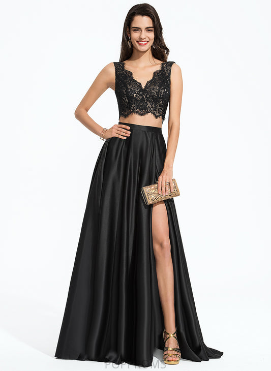 Satin Lace Prom Dresses A-Line Floor-Length Rihanna V-neck