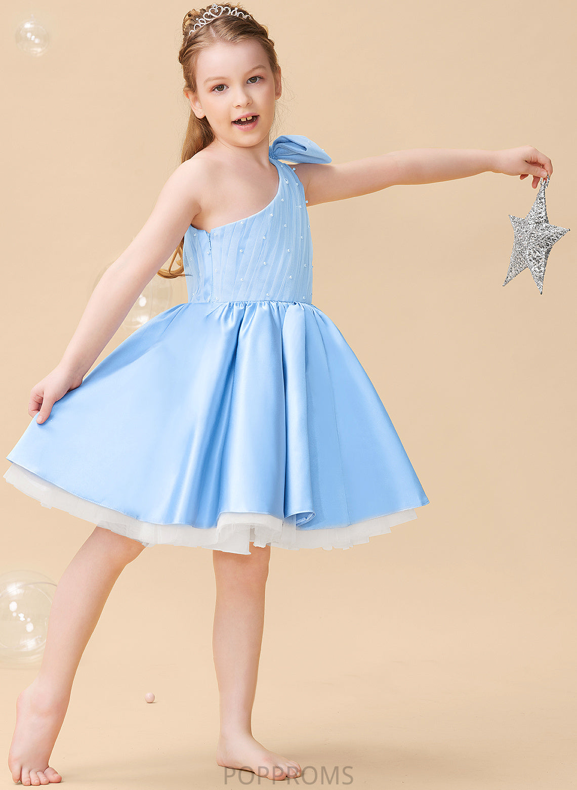 A-Line Flower Beading/Bow(s) With Dress Knee-length Flower Girl Dresses One-Shoulder Girl - Sherry Sleeveless Satin/Tulle