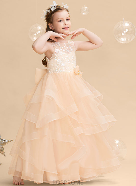 Girl Neck Flower Scalloped Floor-length Back Dress Flower Girl Dresses Lace/Flower(s)/Bow(s)/V Sleeveless Ball-Gown/Princess Tulle - With Marisol