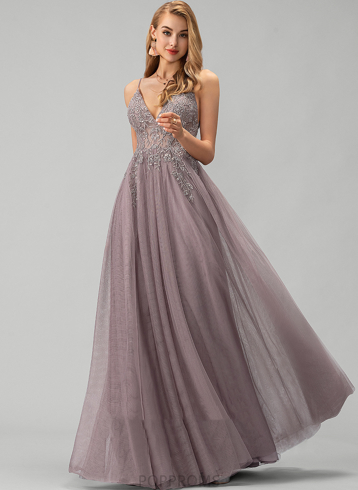 Beading Tulle Sequins Whitney V-neck Prom Dresses Floor-Length A-Line Lace With