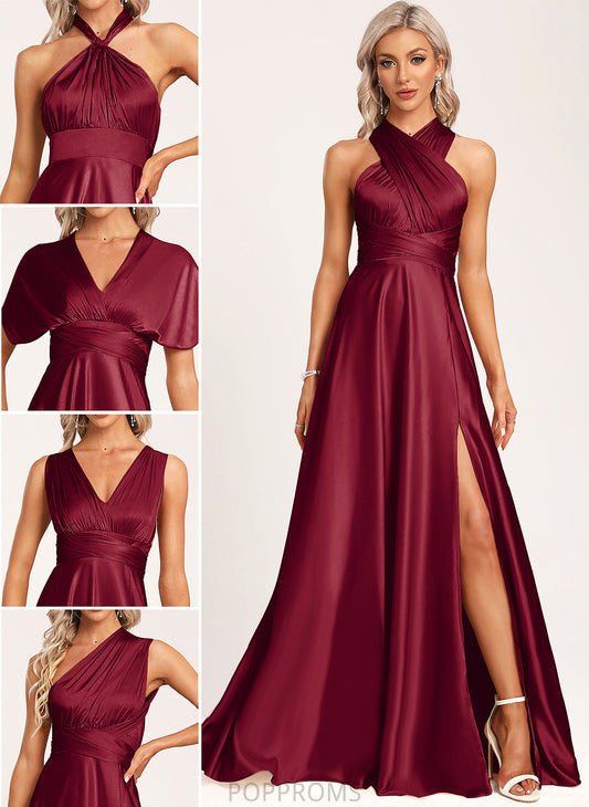 V-neck A-Line Satin One-Shoulder Length Silhouette Straps&Sleeves Halter Floor-Length Fabric Neckline Janelle Bridesmaid Dresses