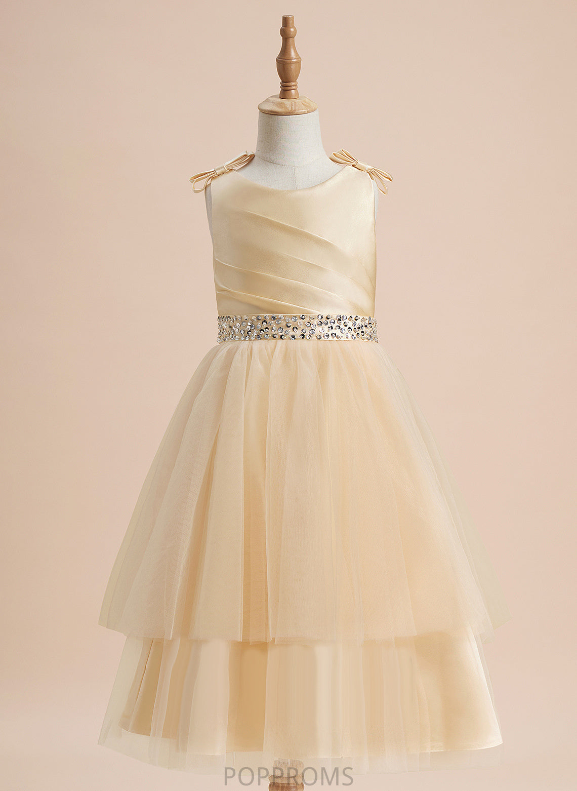 Dress Flower - Knee-length Flower Girl Dresses Neck Beading/Sequins/Bow(s) Girl Scoop Satin/Tulle Winifred With Sleeveless A-Line