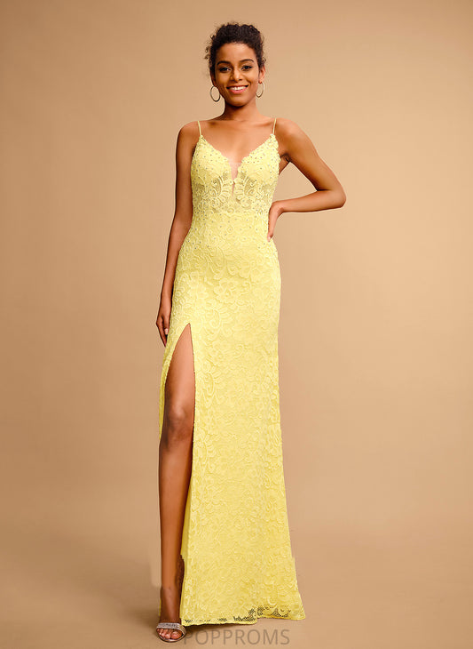 With V-neck Michaelia Sheath/Column Beading Lace Prom Dresses Floor-Length