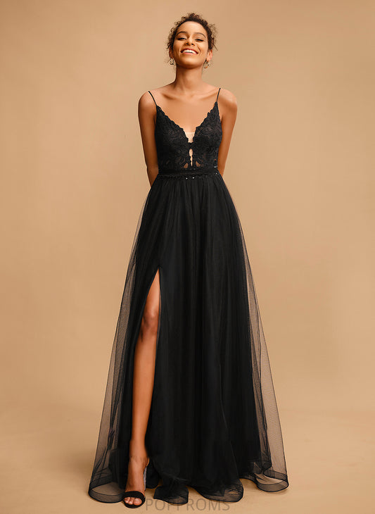 With Sequins Prom Dresses Tulle Ball-Gown/Princess Zoie Floor-Length Lace V-neck