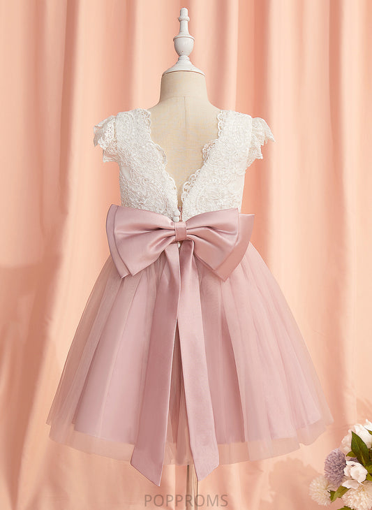 With Sleeves A-Line Jordyn Girl - Tulle Scoop Short Flower Girl Dresses Dress Knee-length Neck Flower Lace/Bow(s)