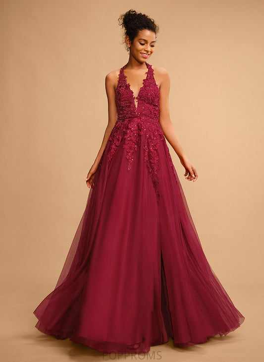 With Ball-Gown/Princess Marcia Floor-Length Tulle Sequins Halter Lace Prom Dresses