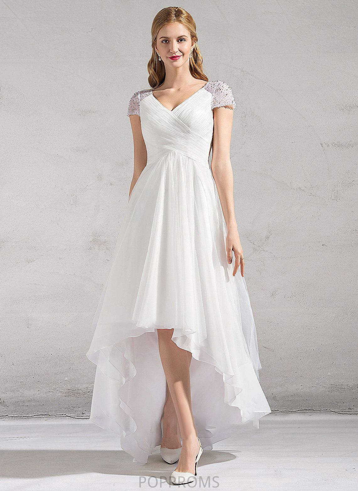 With Beading Sequins Wedding Dresses Dress A-Line Ruffle Wedding V-neck Asymmetrical Tulle Anastasia