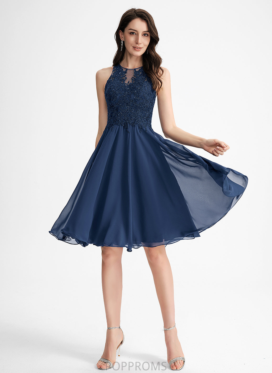 Homecoming Dresses Knee-Length Beading Lana With Lace Neck Dress A-Line Homecoming Chiffon Scoop