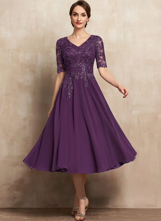 Kathy Sequins Cocktail Dresses Dress Cocktail A-Line With Chiffon Tea-Length Lace V-neck