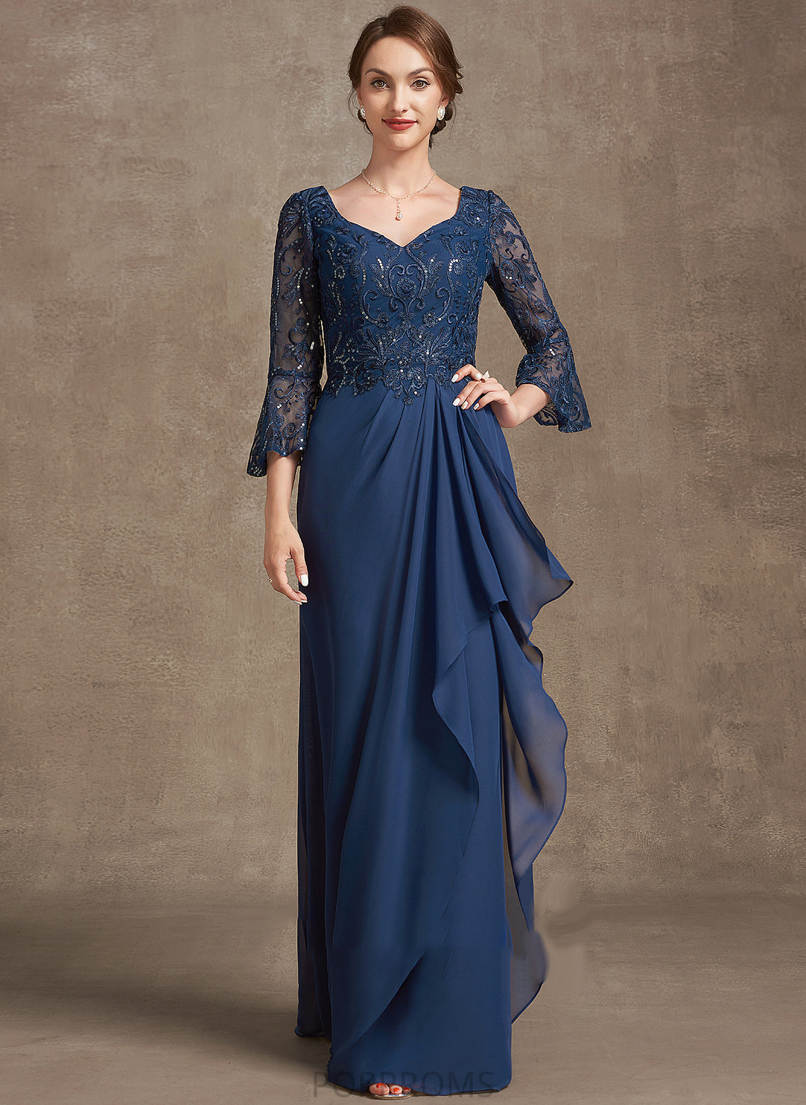 Chiffon A-Line V-neck Mother of the Bride Dresses Janice Cascading With Sequins Ruffles of Mother Bride Lace Dress the Floor-Length