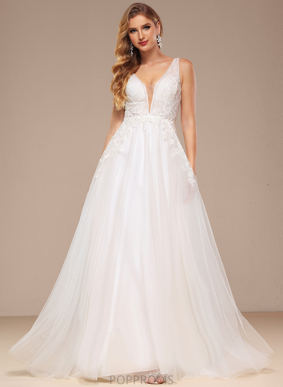 A-Line Dress Train Wedding Dresses Sweep Lace Sequins V-neck Wedding Margery With Tulle