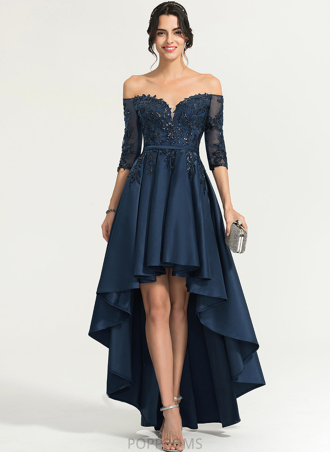 With Dress Bria Satin A-Line Off-the-Shoulder Homecoming Lace Asymmetrical Homecoming Dresses