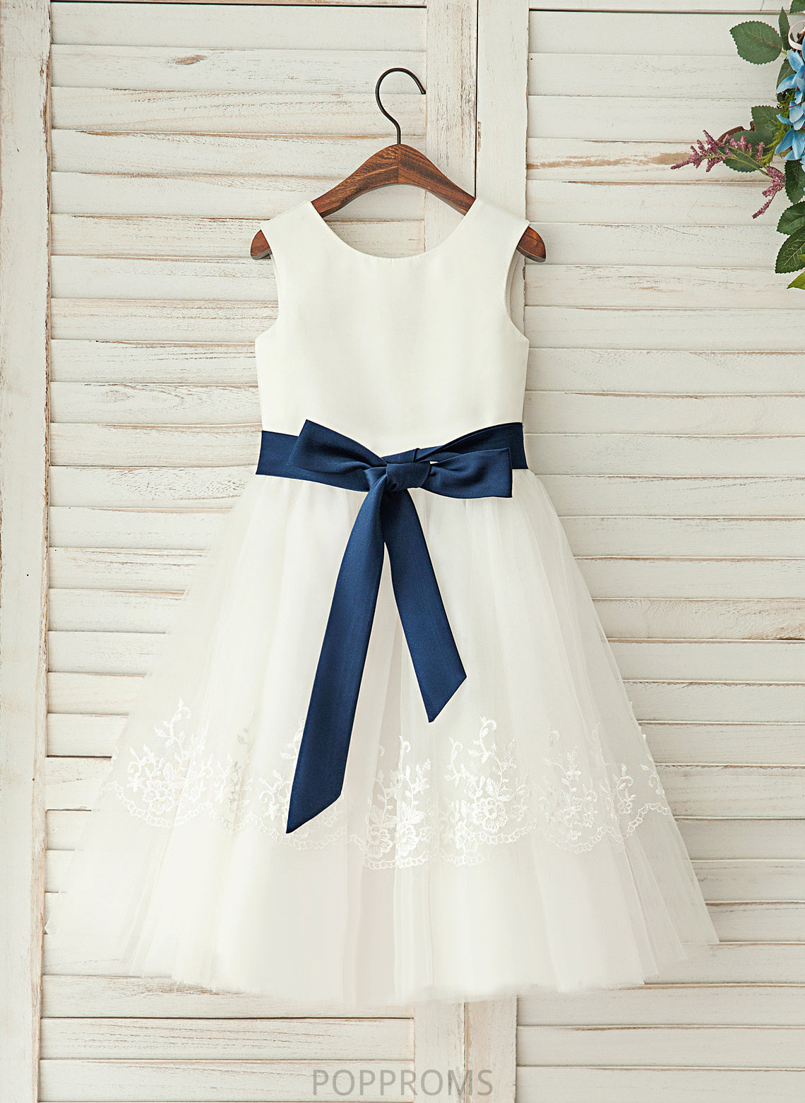 Satin/Lace Flower Girl Dresses Scoop Girl - Flower A-Line/Princess Neck Tea-length Dress Sash Jada With Sleeveless