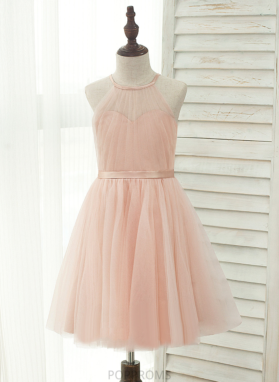 Flower Girl Dresses With Dress Knee-length Liana - Back Flower Tulle/Charmeuse Hole Halter A-Line/Princess Girl Sleeveless