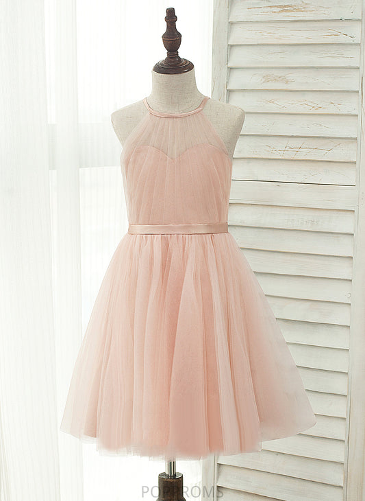 Flower Girl Dresses With Dress Knee-length Liana - Back Flower Tulle/Charmeuse Hole Halter A-Line/Princess Girl Sleeveless