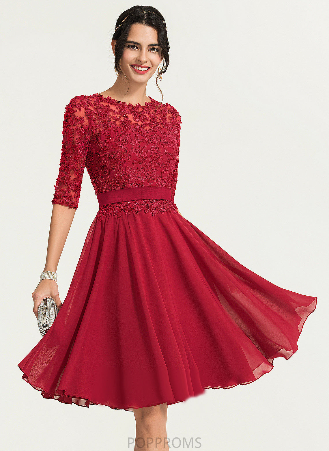 Cocktail Chiffon Dress With Beading Lace Scoop A-Line Cocktail Dresses Neck Kaya Knee-Length