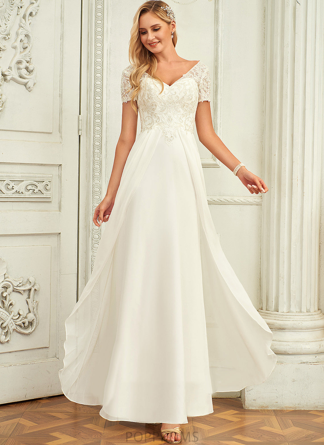 A-Line With Lace Wedding Floor-Length Chiffon Wedding Dresses V-neck Dress Siena