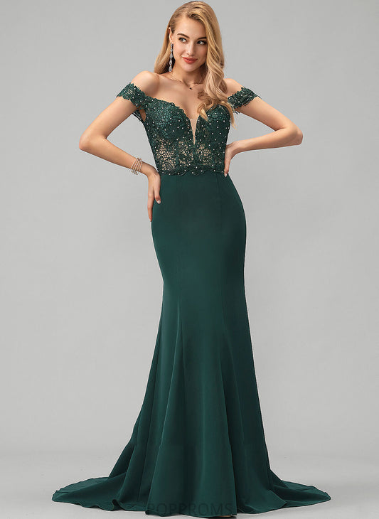 Crepe Lace Train Prom Dresses With Sequins Beading Off-the-Shoulder Stretch Thirza Trumpet/Mermaid Sweep