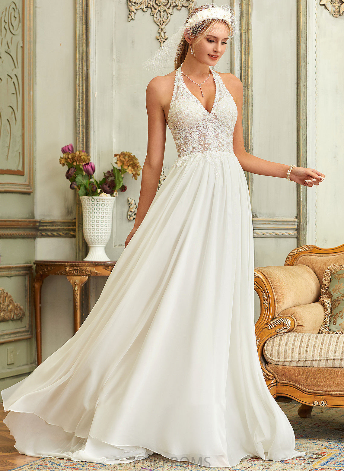 Wedding Dress Halter Sweep Train Chiffon A-Line Jasmin Lace Wedding Dresses