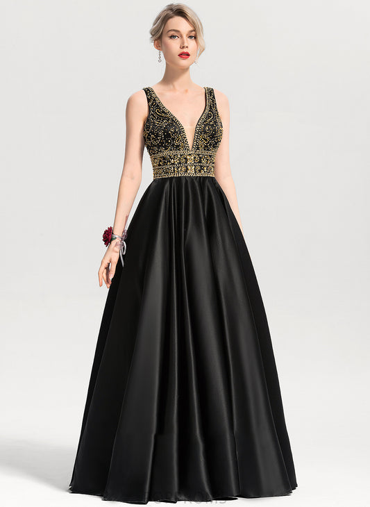 With V-neck Sequins Prom Dresses Floor-Length Satin Amaris Beading Ball-Gown/Princess