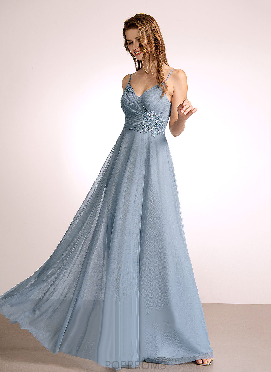 Tulle Silhouette V-neck Lace Length A-Line Neckline Straps&Sleeves Fabric Floor-Length Pam Floor Length Bridesmaid Dresses