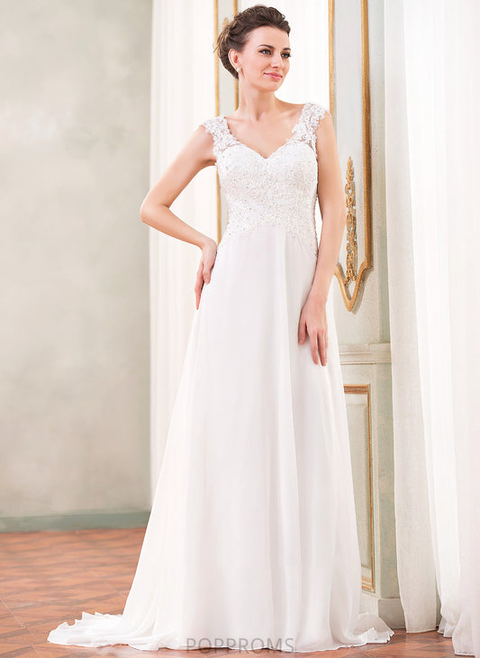 Beading Sequins Lace Wedding Dresses With Sweep Wedding Chiffon Train A-Line Dress V-neck Giovanna