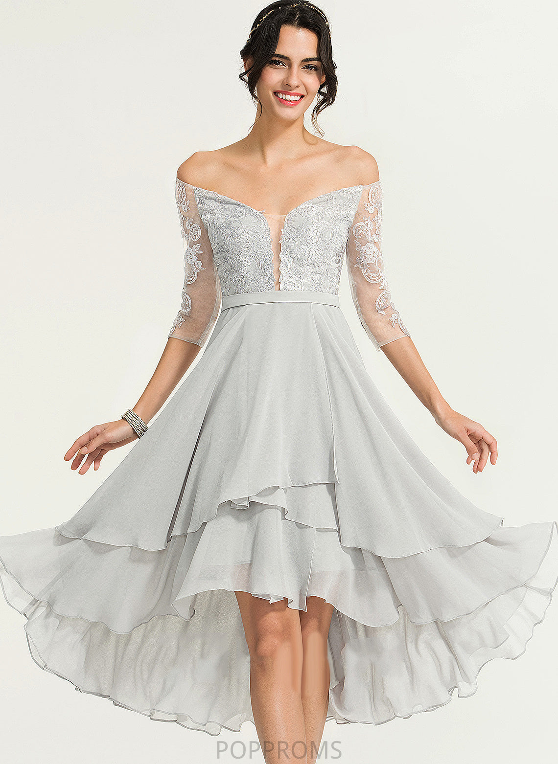 Asymmetrical A-Line Beading Off-the-Shoulder Cocktail Dresses Cocktail Lace Dress With Gwendolyn Chiffon