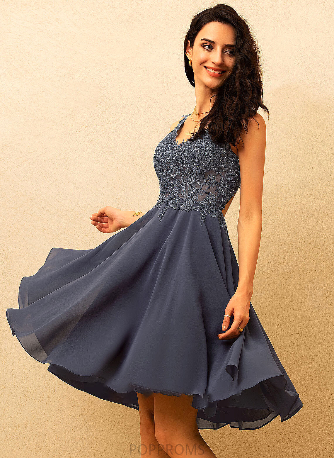 Kassandra V-neck A-Line Knee-Length Beading Prom Dresses With Chiffon