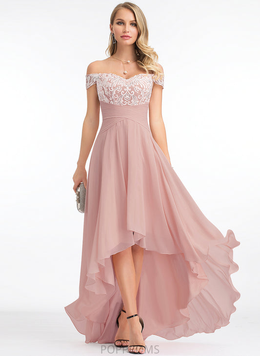 Hilary A-Line Off-the-Shoulder Asymmetrical Chiffon With Lace Prom Dresses Pleated