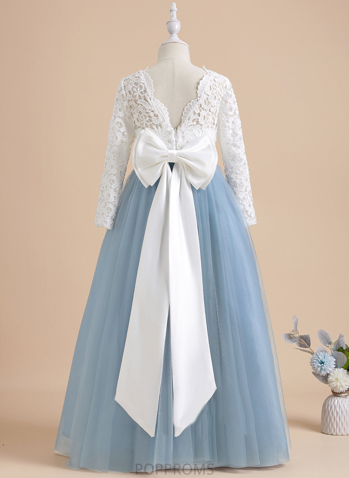 With Ball-Gown/Princess Scoop Sleeves Bow(s)/V Back Dress - Girl Tulle/Lace Long Flower Flower Girl Dresses Floor-length Neck Novia