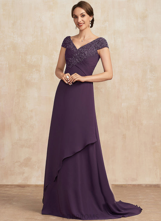 Sweep With Beading V-neck Bride Chiffon Train A-Line Mother of Ruffle the Mother of the Bride Dresses Dress Emma Lace