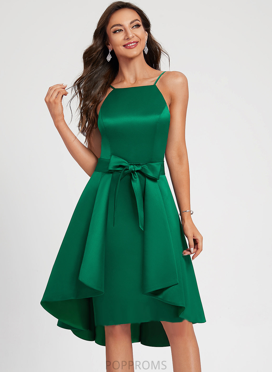 Satin A-Line Cocktail Dresses Knee-Length Ruffle Cocktail Neckline With Dress Square Patsy Bow(s)