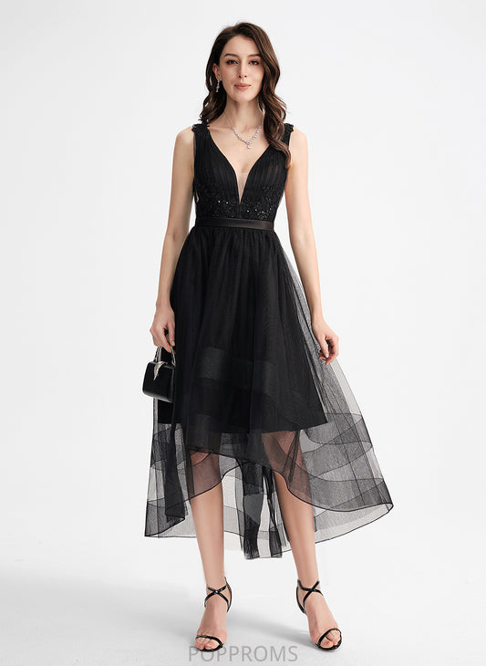 Asymmetrical With Lace A-Line Cocktail V-neck Sequins Dress Tulle Elisabeth Cocktail Dresses