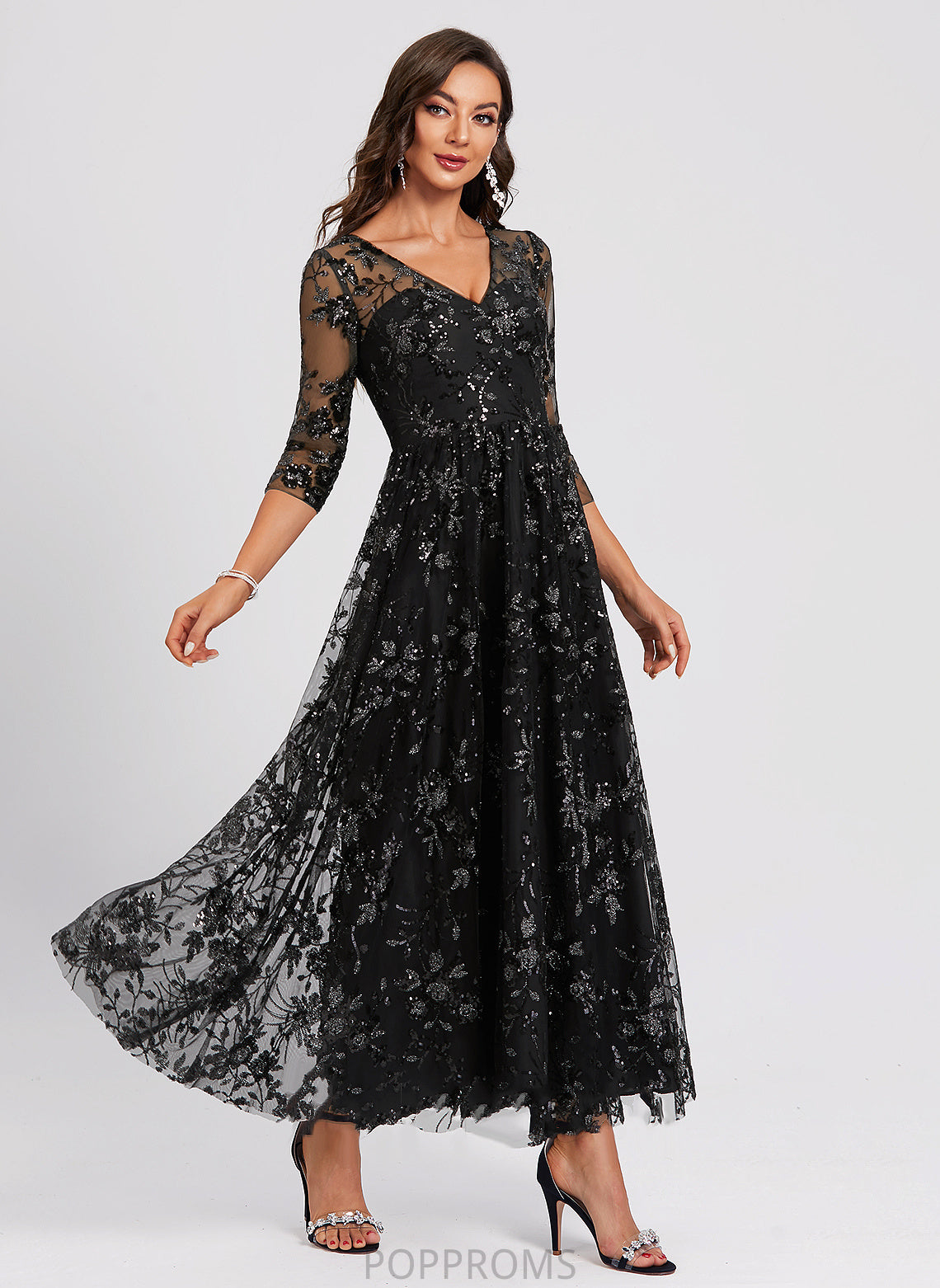 A-Line Cocktail Lace Livia Cocktail Dresses Ankle-Length Sequined V-neck Dress