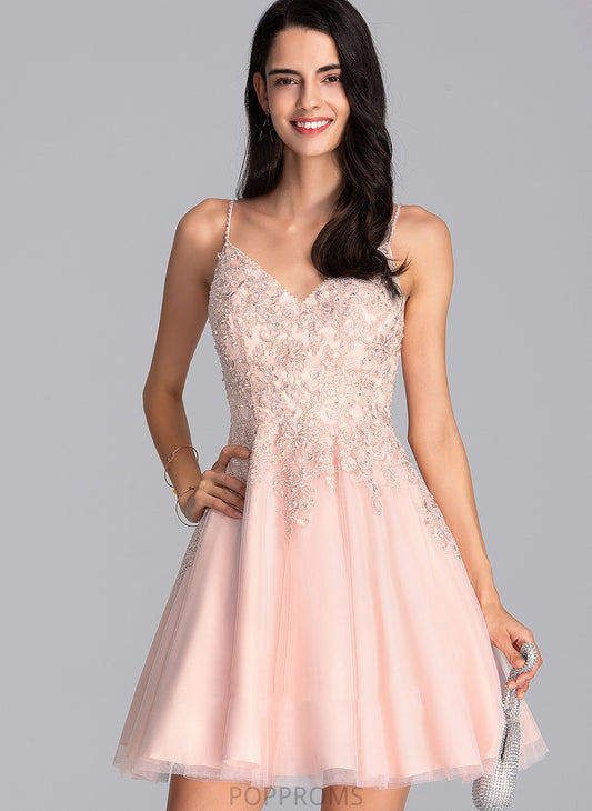 Short/Mini Lace Tulle A-Line Sibyl Homecoming V-neck Beading With Dress Homecoming Dresses